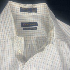 Henry Jacobson Men's M 15.5 34/35 Button Down Dress Shirt Blue/Brown Plaid